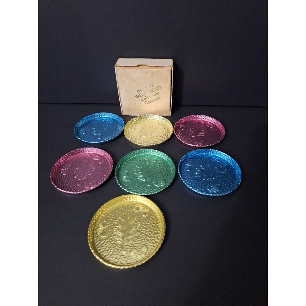 West Bend Aluminum Set of 7 Hammered Leaf and Acorn Color Glo Coasters W/Box